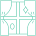 Symbole géométrique abstrait teal sur fond noir, centré par une croix. Il intègre un losange, un zéro stylisé et des motifs incurvés symétriques.